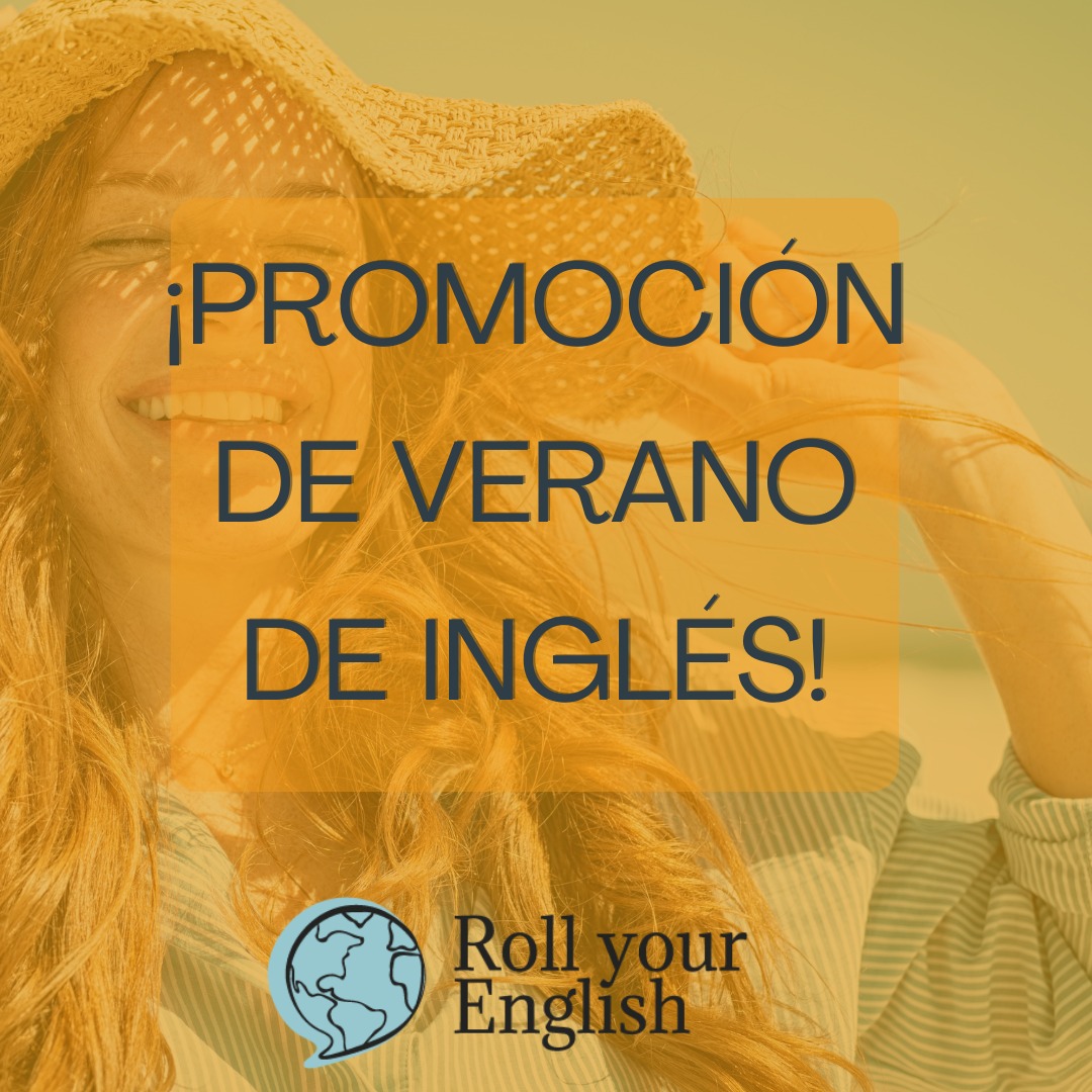 Happy woman wearing hat, summer English course promotion