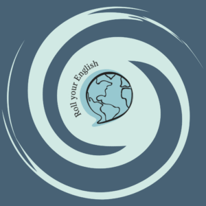 Stylized globe with text 'Roll Your English'