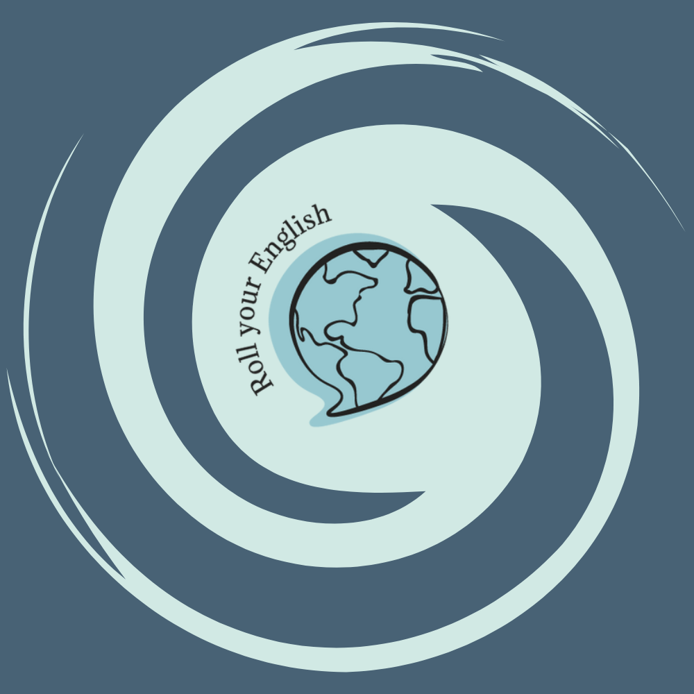 Stylized globe with text 'Roll Your English'